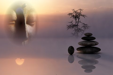 Buddha floating with moon, bambooo, small rocks stack